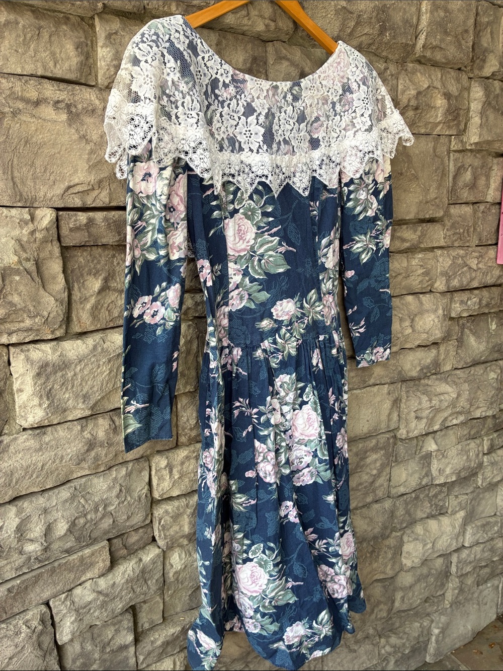 🌾🍂Vintage Gunne Sax Jessica McClintock Navy Floral Lace-Trim Long Sleeve Dress🌾🍂